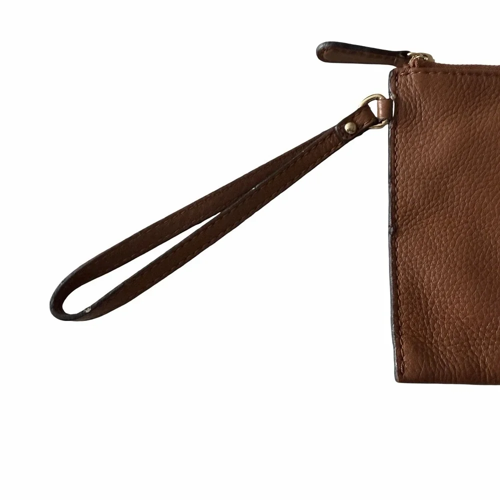 Michael Kors Brown Pebbled Leather Wristlet Zip Clutch Gold Tone Logo